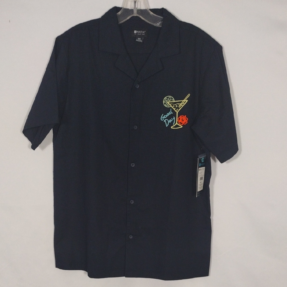 NWT Matix Dark Navy Twill Embroidered Good Day Martini Button Up Shirt Sz Small